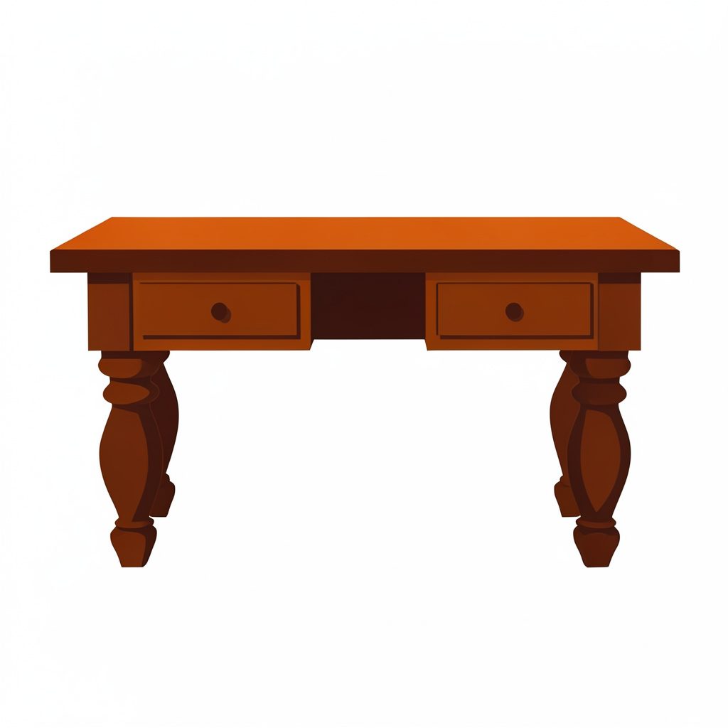 Flat vector icon of an antique double desk with rich dark wood stain and classic turned legs.