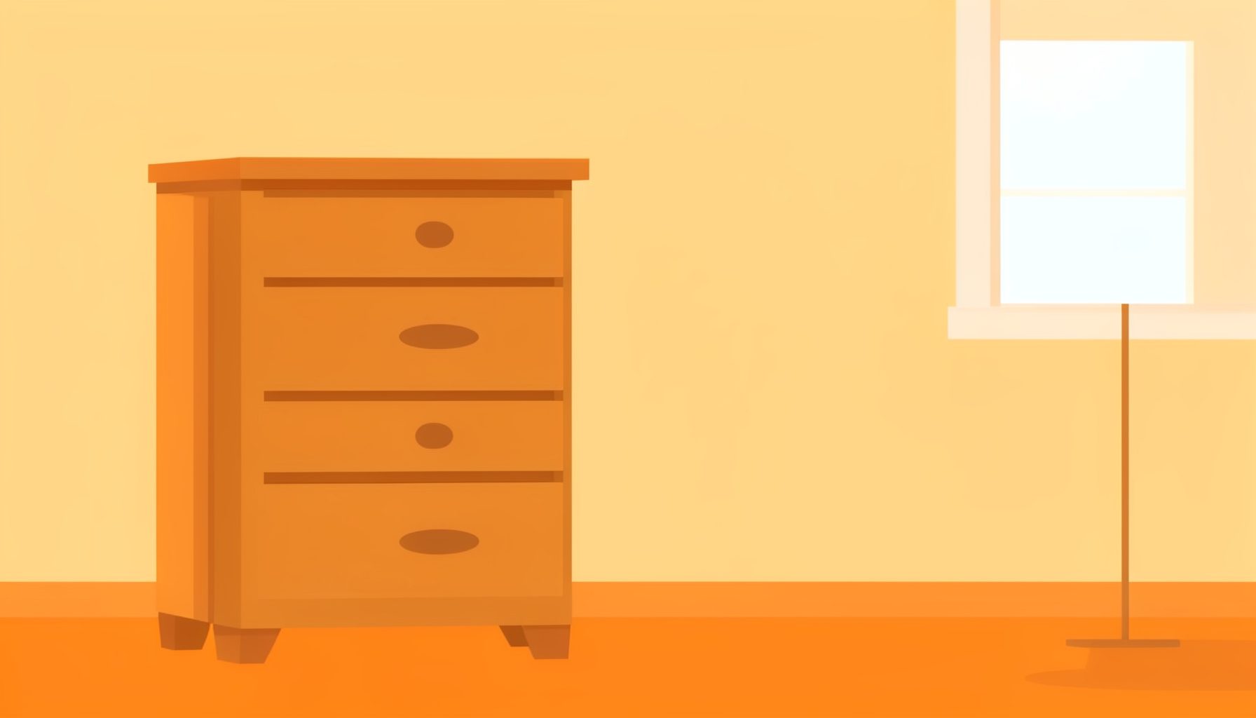 Flat vector illustration of a tall pine dresser with multiple drawers, shown in a before state with natural wood tones and simple hardware, in a bright room.