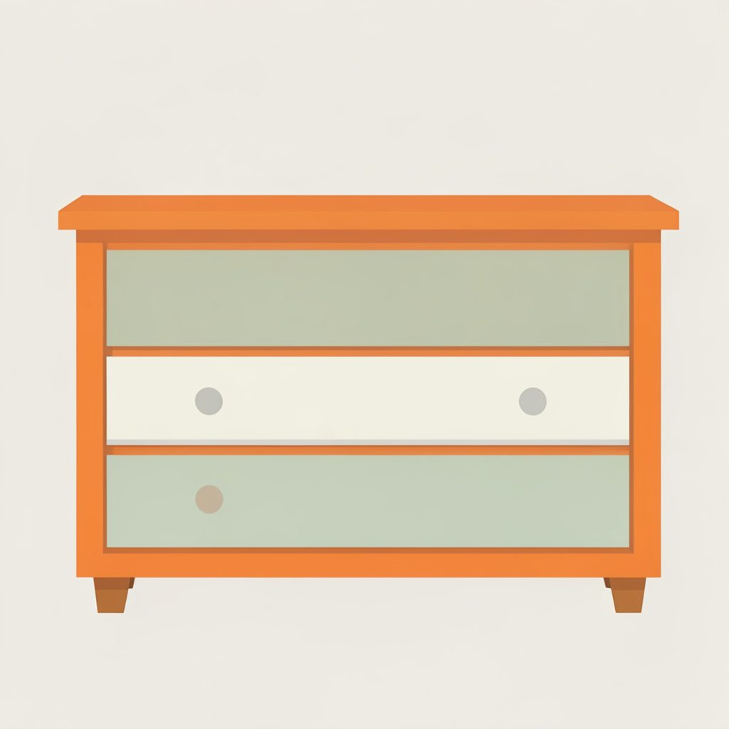 Flat vector illustration of a large wooden dresser with layered paint in soft muted tones of cream, sage green, and pale gray, set against a light neutral background.
