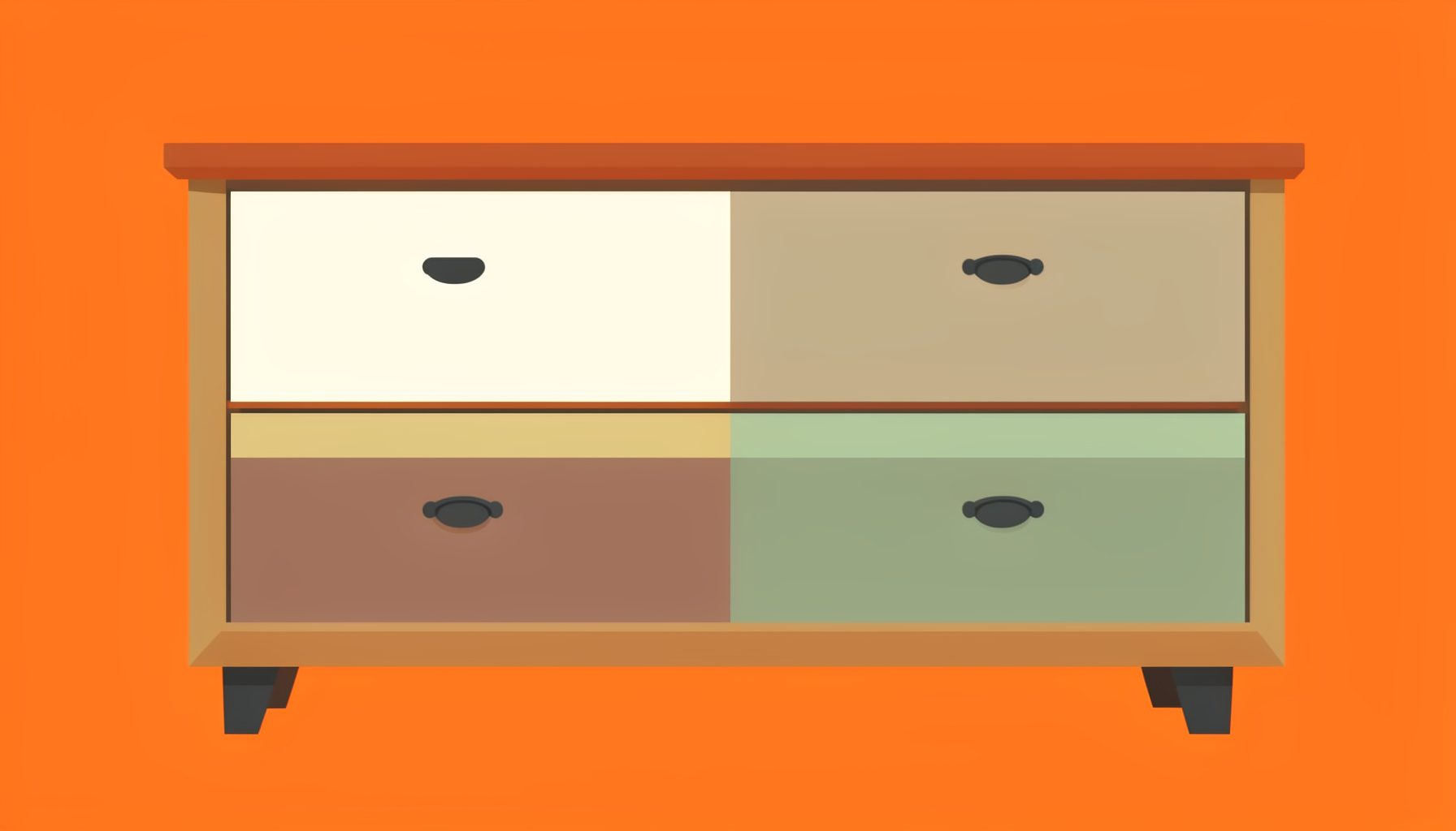 Flat vector illustration of the same pine dresser after makeover, showing layered paint in warm cream, soft taupe, and muted sage, with updated dark metal hardware.