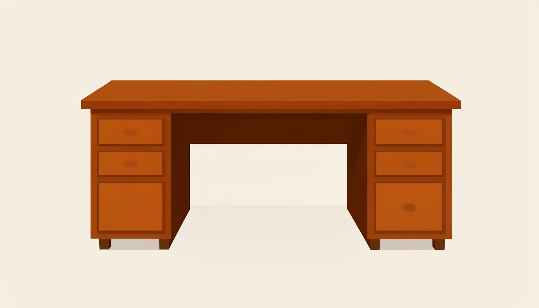 Flat vector illustration of a restored wooden double desk with matching drawers on both sides, warm walnut tones, set against a soft neutral background.