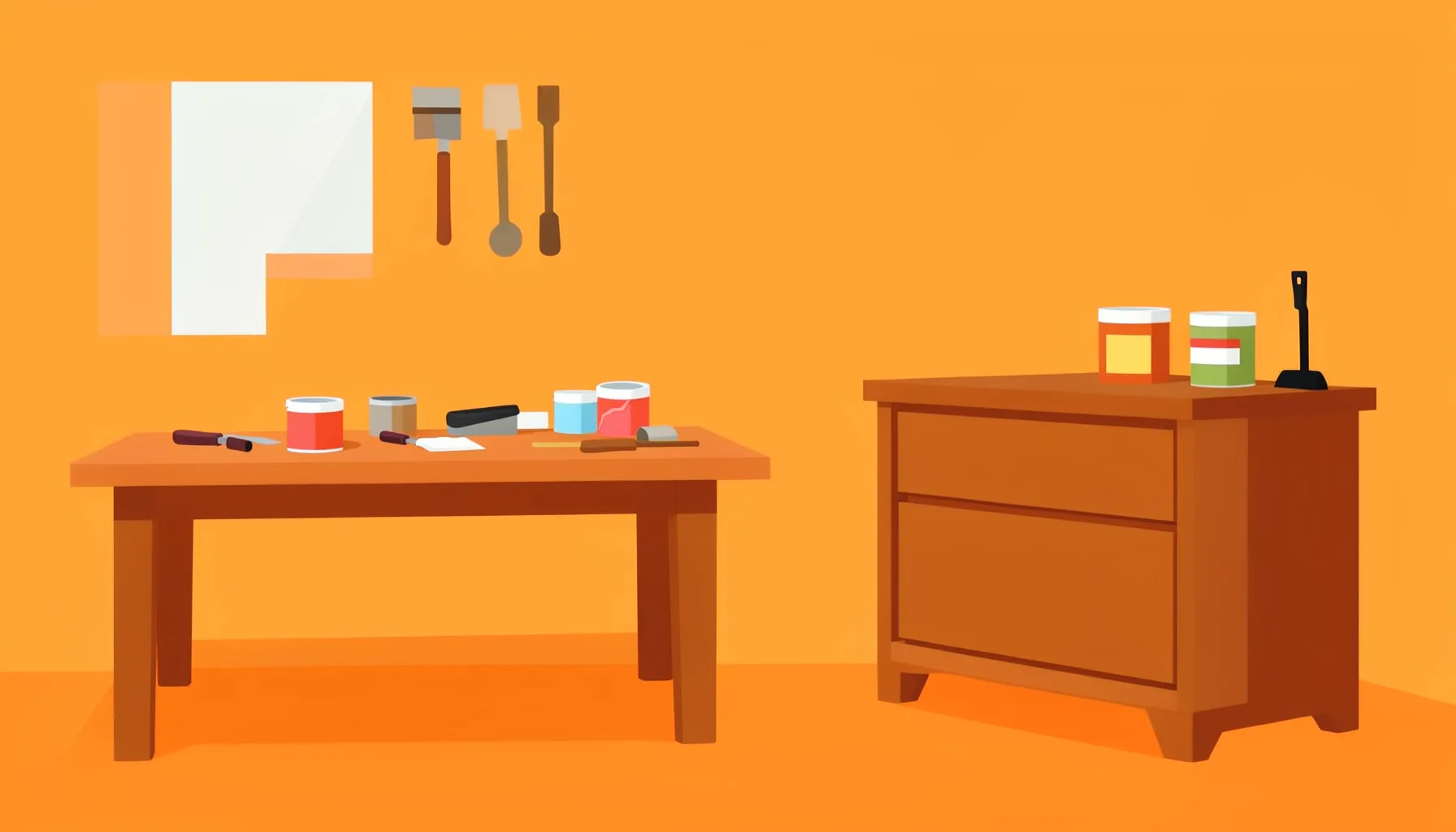 Flat vector illustration of a bright workshop interior with a wooden workbench, paint cans, sanding tools, and a half-finished dresser in warm wood tones.
