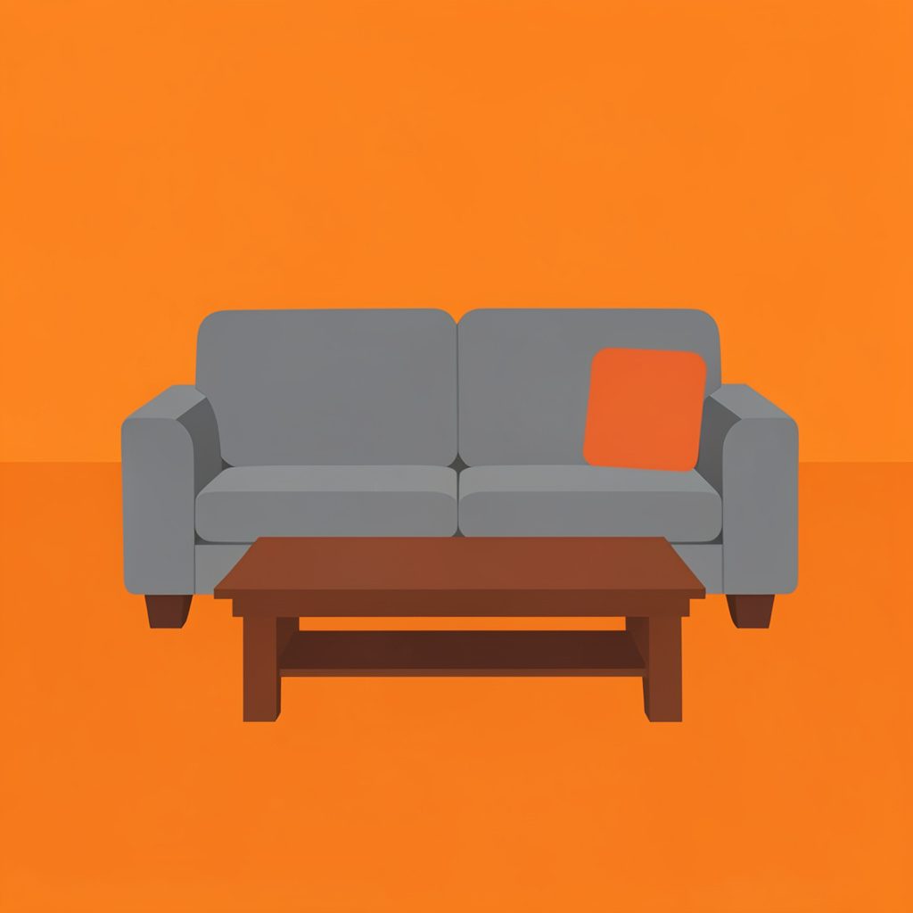 Flat vector icon of a cozy living room with a gray sofa and a refinished coffee table.