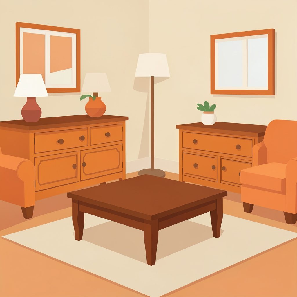 Flat vector illustration of a warm, cozy living room with a refinished wooden coffee table, a painted dresser, and soft neutral tones; inviting homey mood.